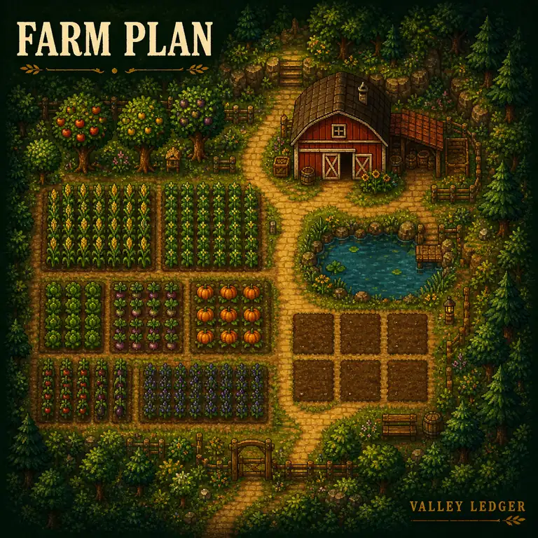 Farm planning reference showing crop rows, a barn, orchard trees, paths, and open plots